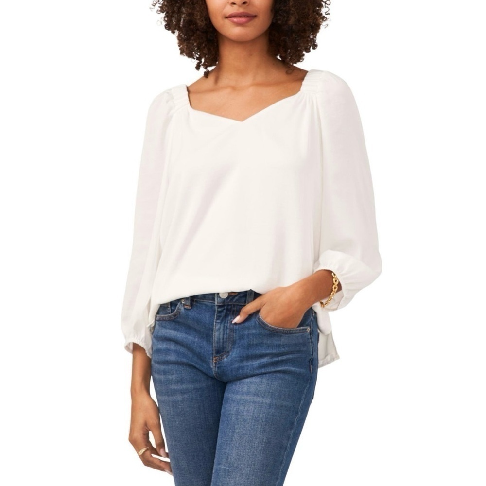 VINCE CAMUTO Ruched Shoulder V-Neck Top with 3/4 Puff Sleeves • MSRP $79.00
